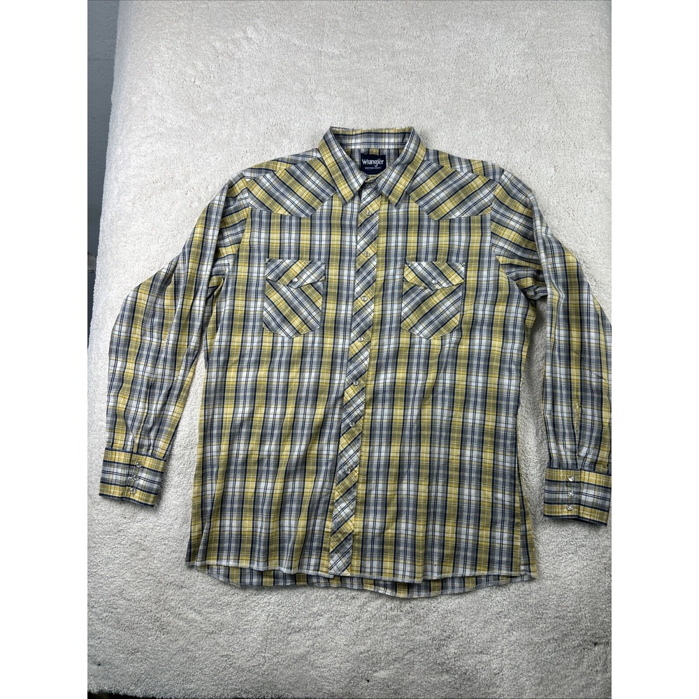 VINTAGE Wrangler Western Pearl Snap Blue/Yellow Button Up Mens Plaid Size XL Y2K